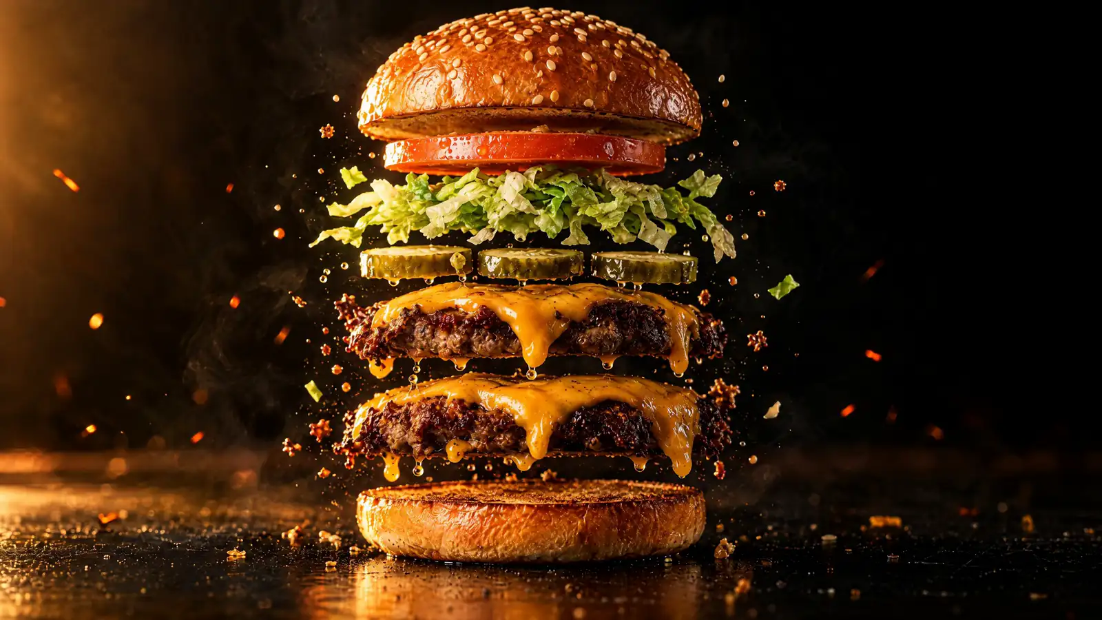 A burger in exploded view, every layer floating in the air.