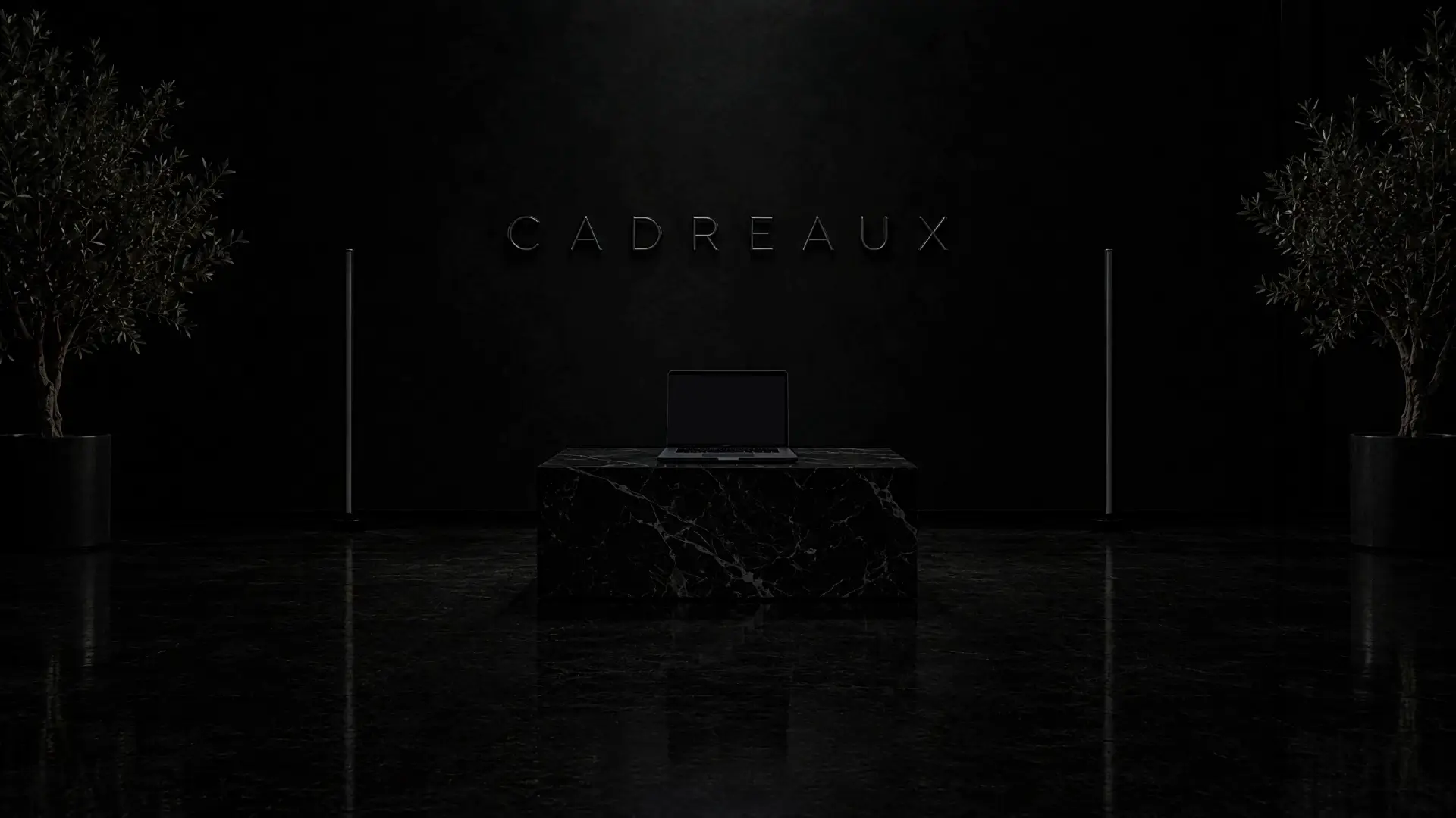 The Cadreaux studio: a dark room with a marble plinth, a laptop and an unlit neon sign.