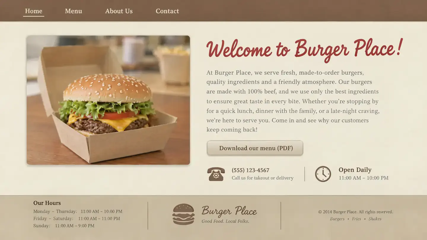 A dated cream-and-brown restaurant website with a stock burger photo and a PDF menu button.