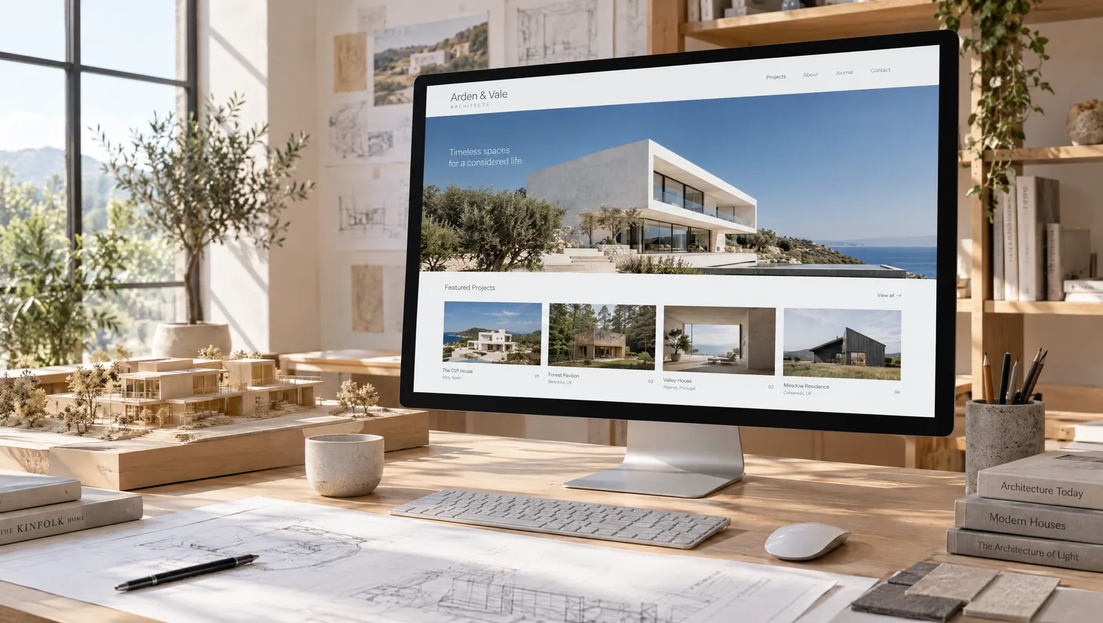 The Arden and Vale architects website on a desktop screen in a sunlit studio.