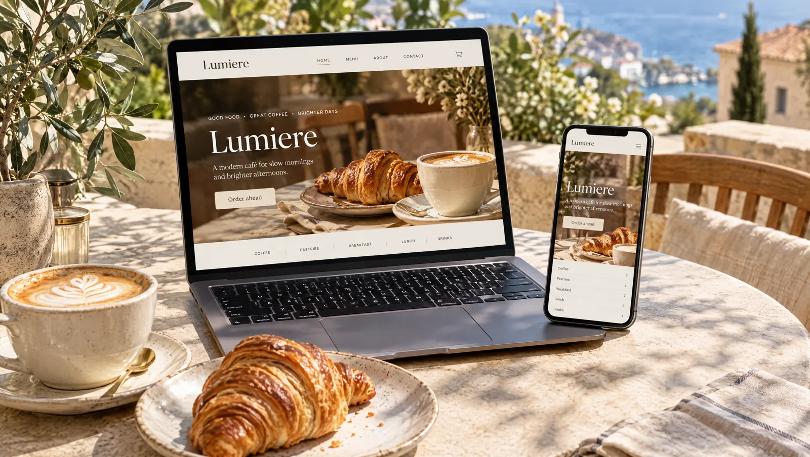 The Lumière café website on a laptop and phone on a sunny terrace table.