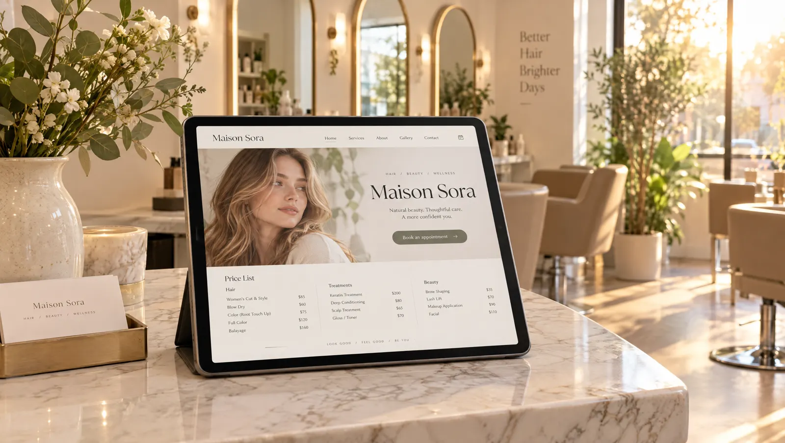 The Maison Sora salon website on a tablet at a marble reception desk.