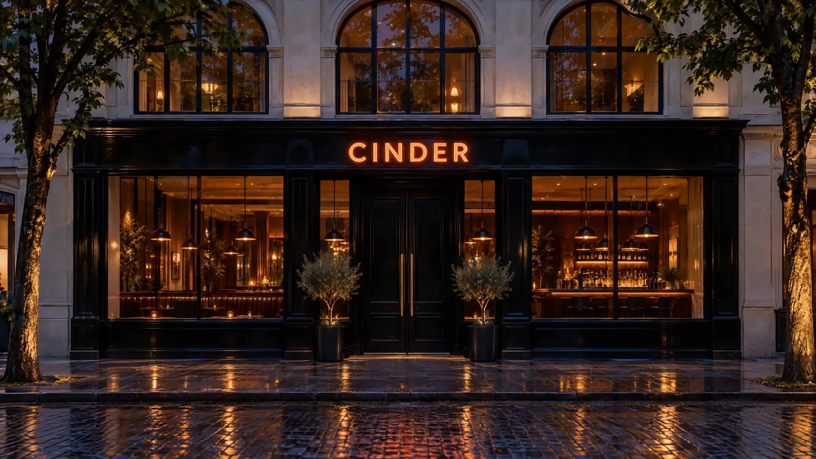 The lit facade of Cinder, a smash burger restaurant, at night.