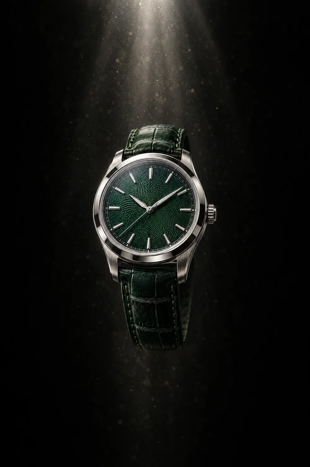 A green-dial watch floating in a beam of light.