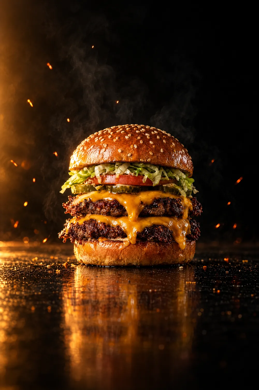 A towering smash burger lit by embers.