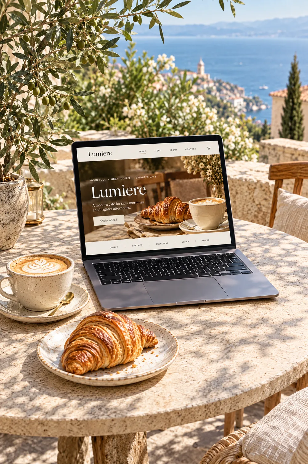 A café website on a laptop, on a sunny terrace by the sea.