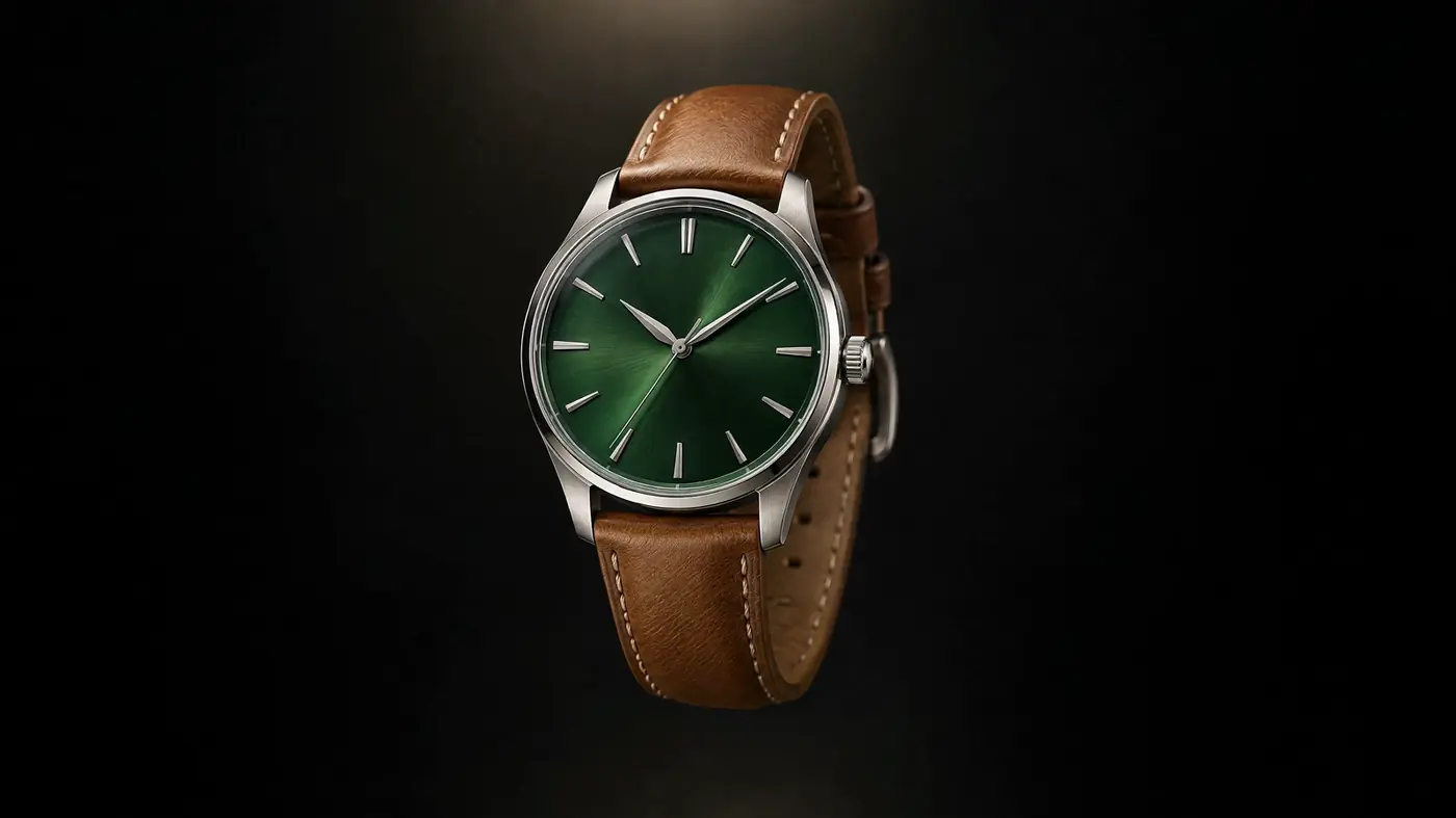 The Arvenne No. 1 watch with a green dial and brown leather strap.