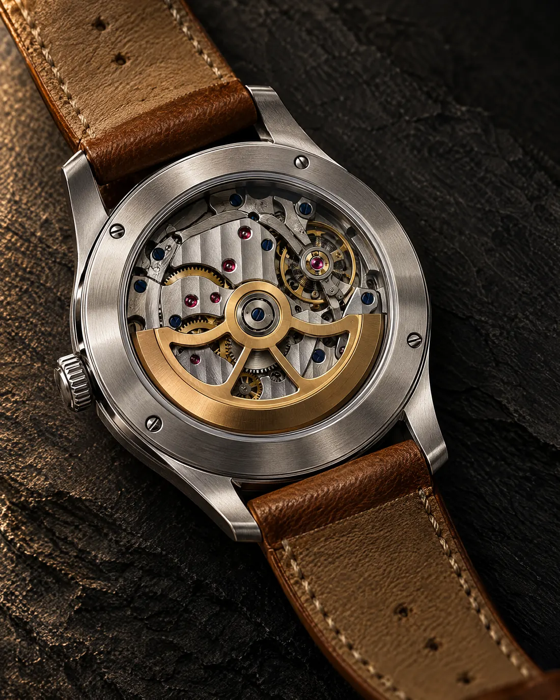 The automatic movement seen through the sapphire caseback, with a gold rotor and blued screws.
