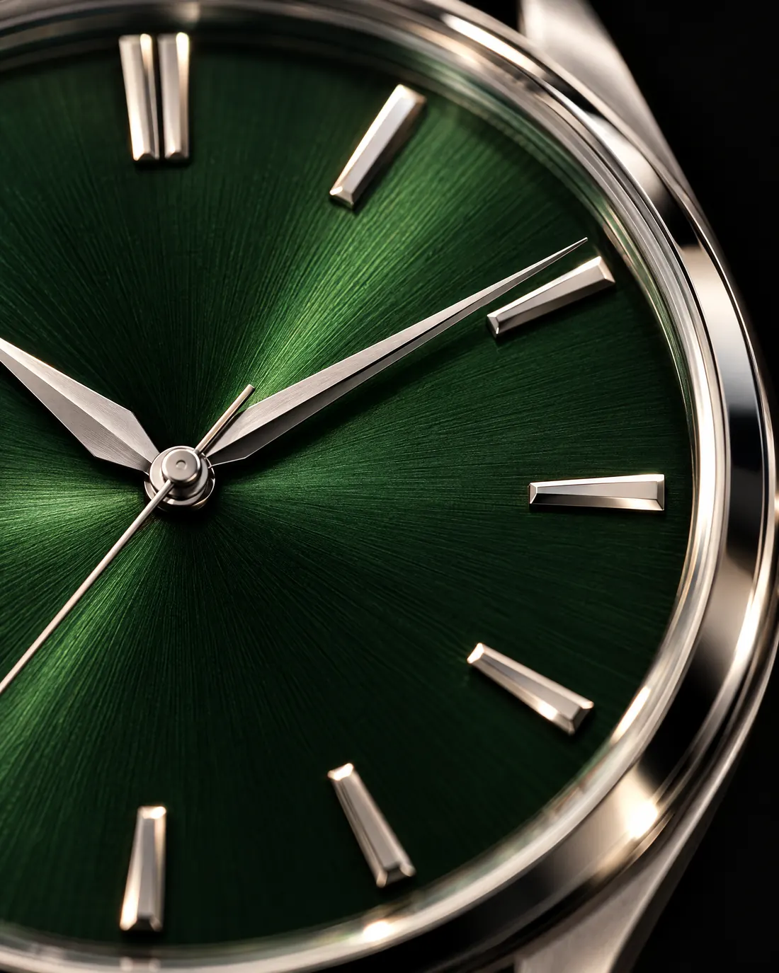 Macro view of the green sunray dial with polished baton markers and dauphine hands.