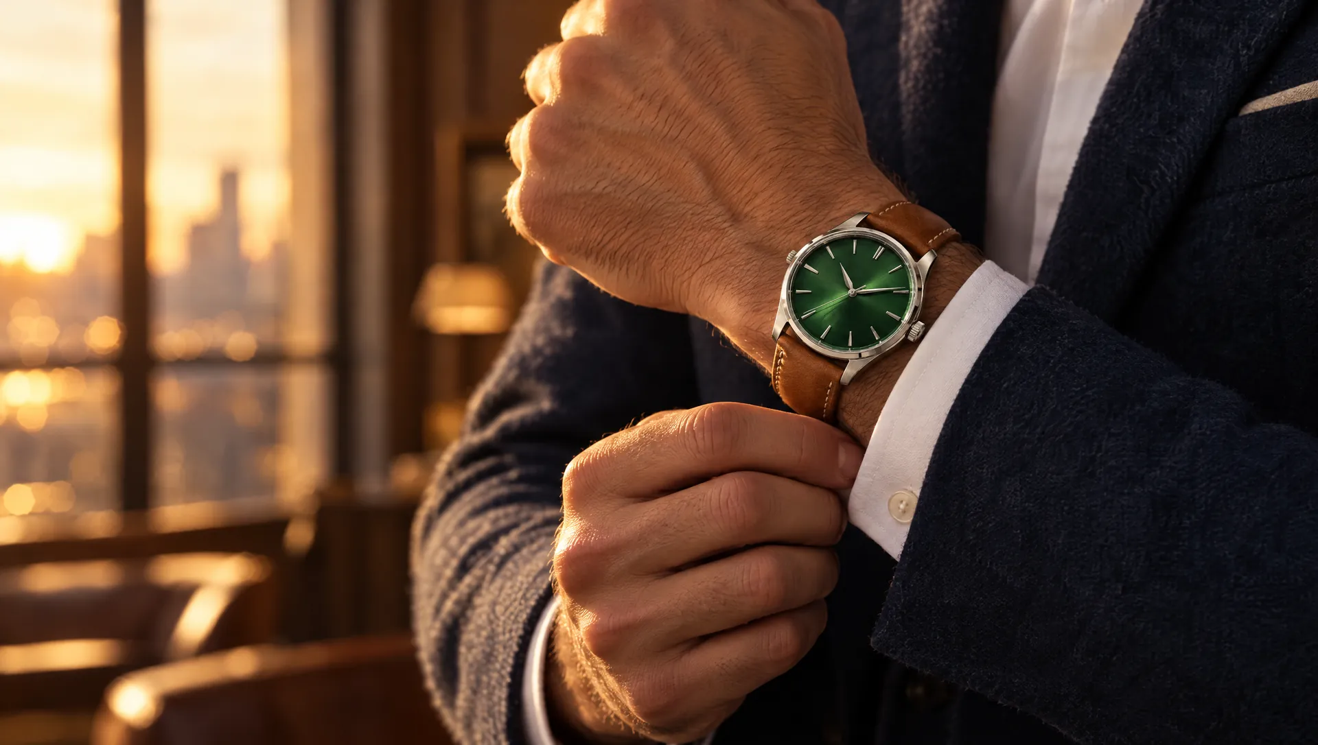 The Arvenne No. 1 with its green dial on a man's wrist as he adjusts his shirt cuff in golden evening light.