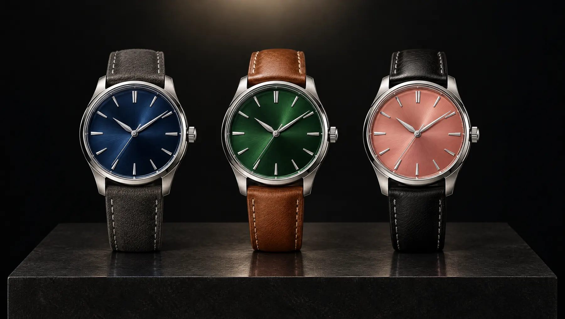 Three Arvenne No. 1 watches side by side: navy dial on grey suede, green dial on brown leather, salmon dial on black leather.