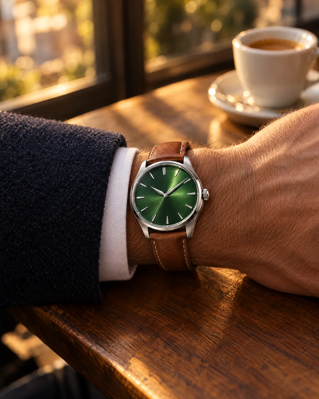 The watch on a wrist resting on a café table in late afternoon light.
