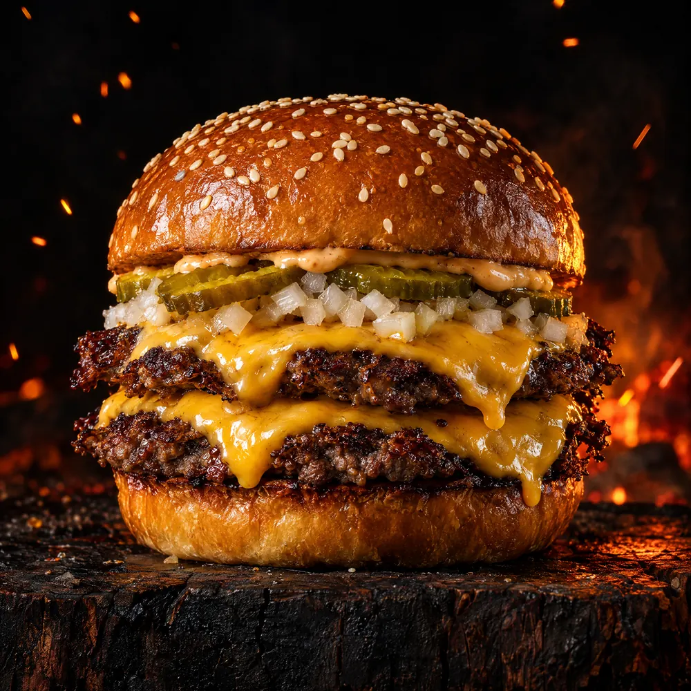 A double smash cheeseburger with pickles and onions on a sesame brioche bun.