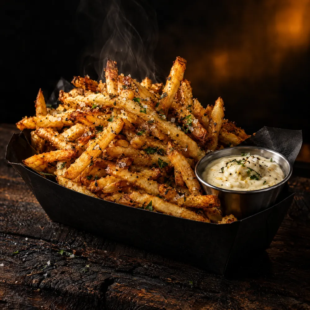 Crispy thin fries with smoked salt and a cup of garlic aioli.
