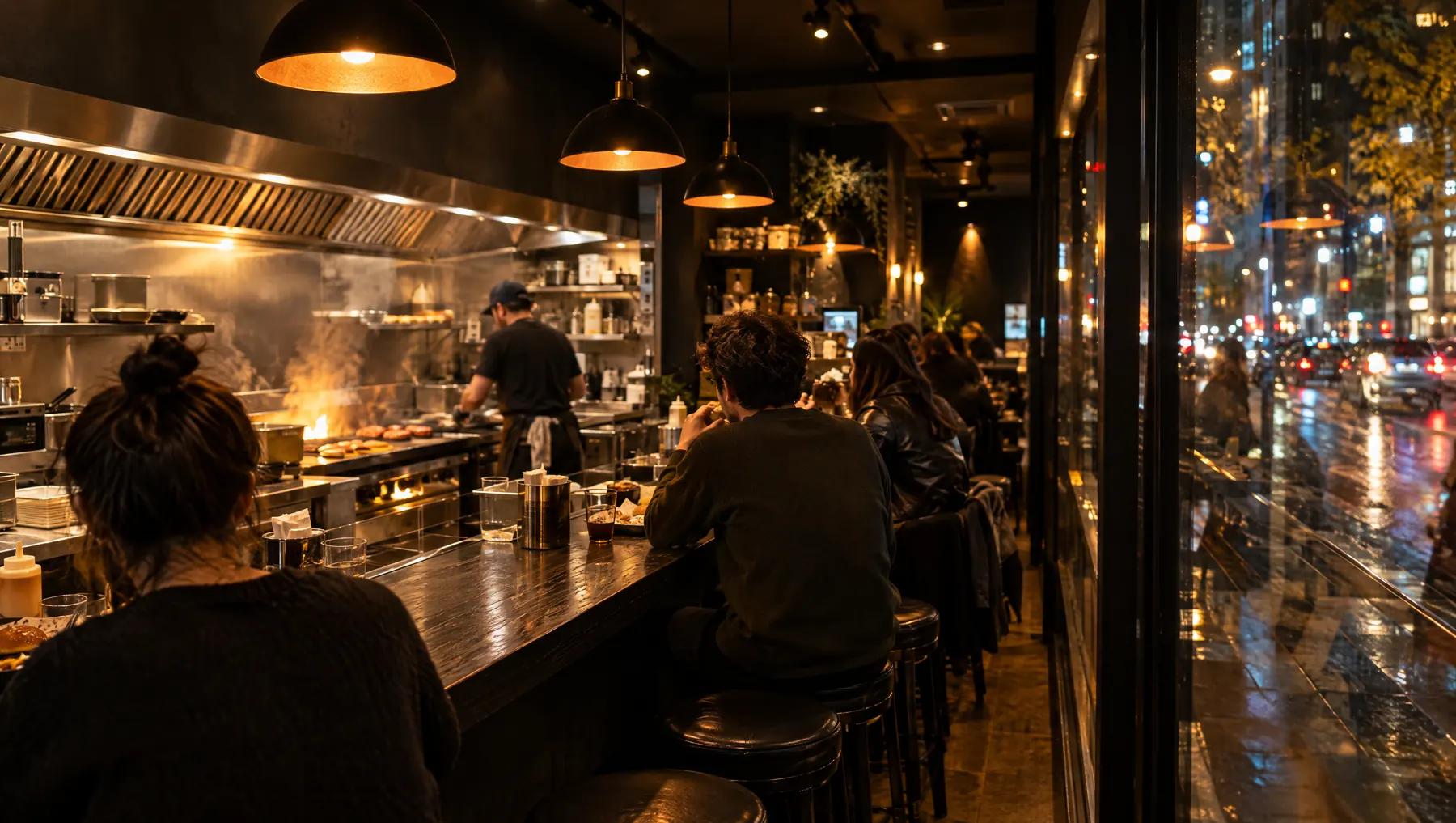 Inside a Cinder kitchen at night: a long counter, warm pendant lights and an open grill.