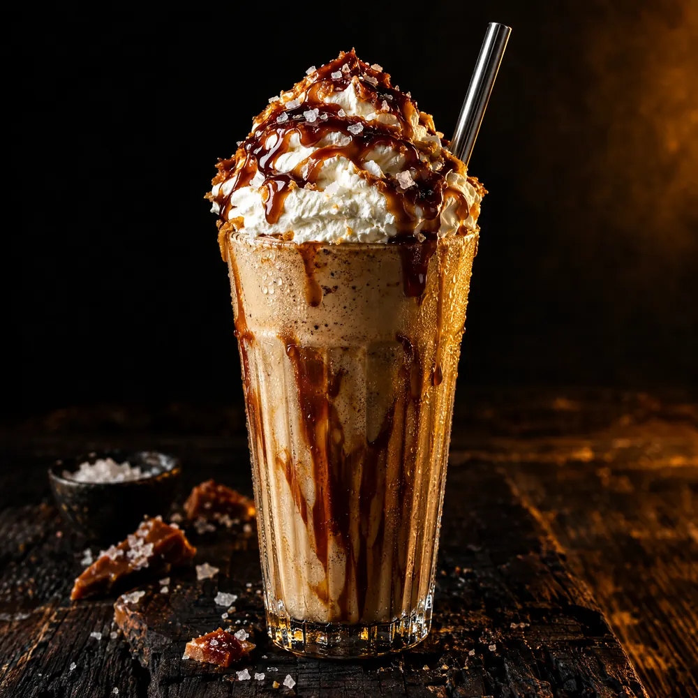 A burnt caramel milkshake topped with whipped cream and sea salt.
