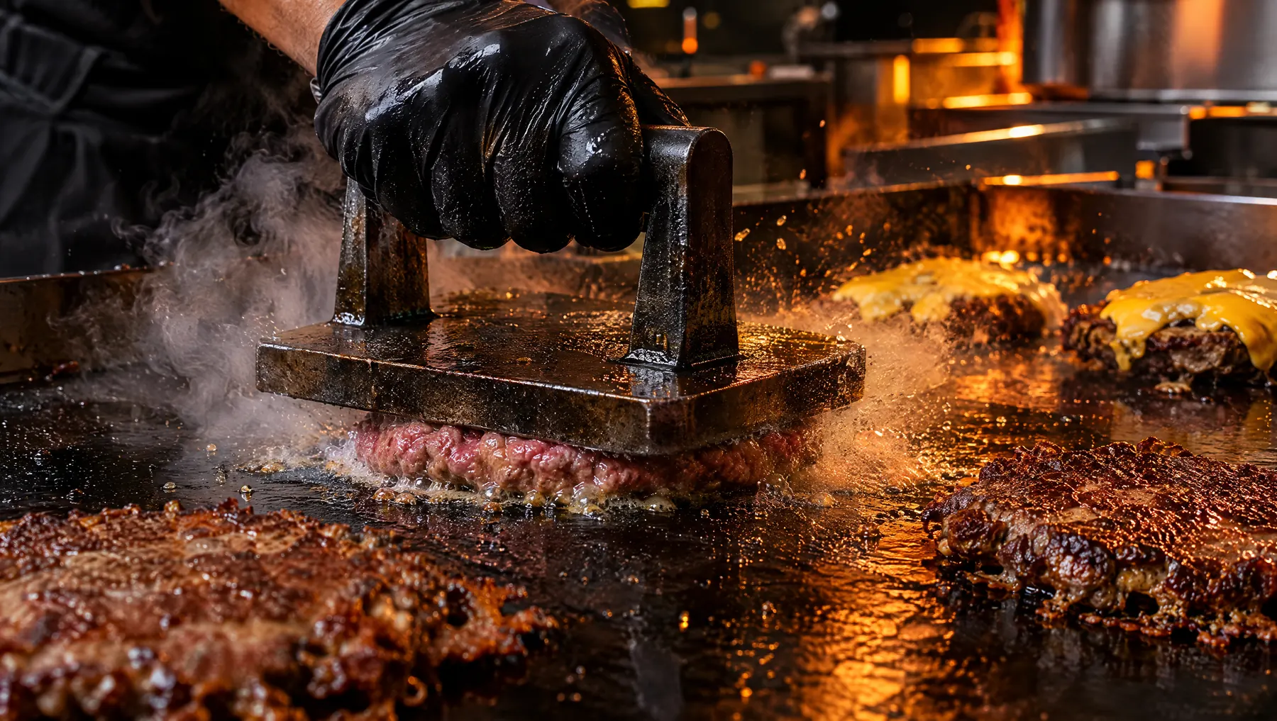 A steel smasher pressing a beef patty flat on a sizzling flat-top grill.
