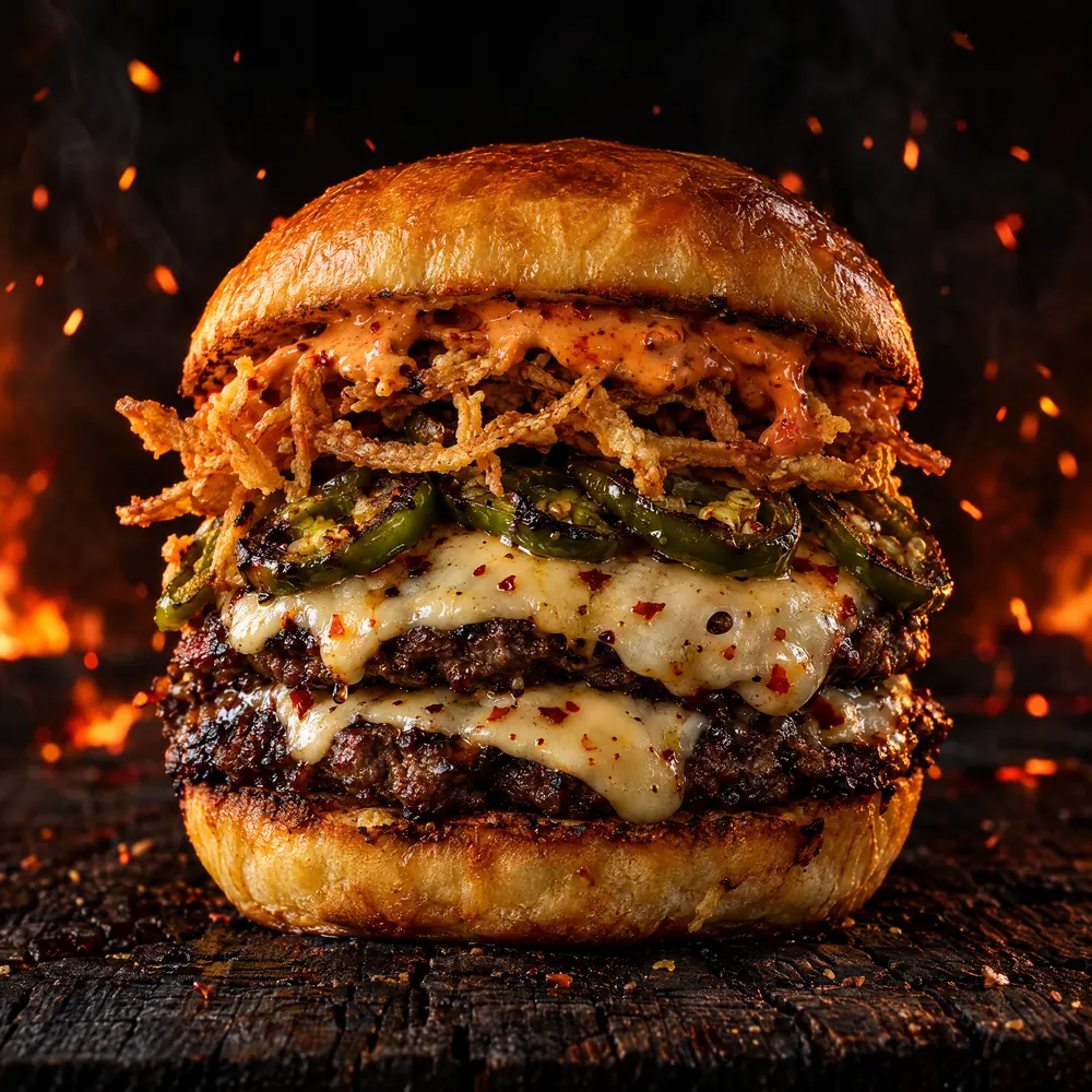 A spicy smash burger with jalapeños, crispy onions and pepper-jack cheese.
