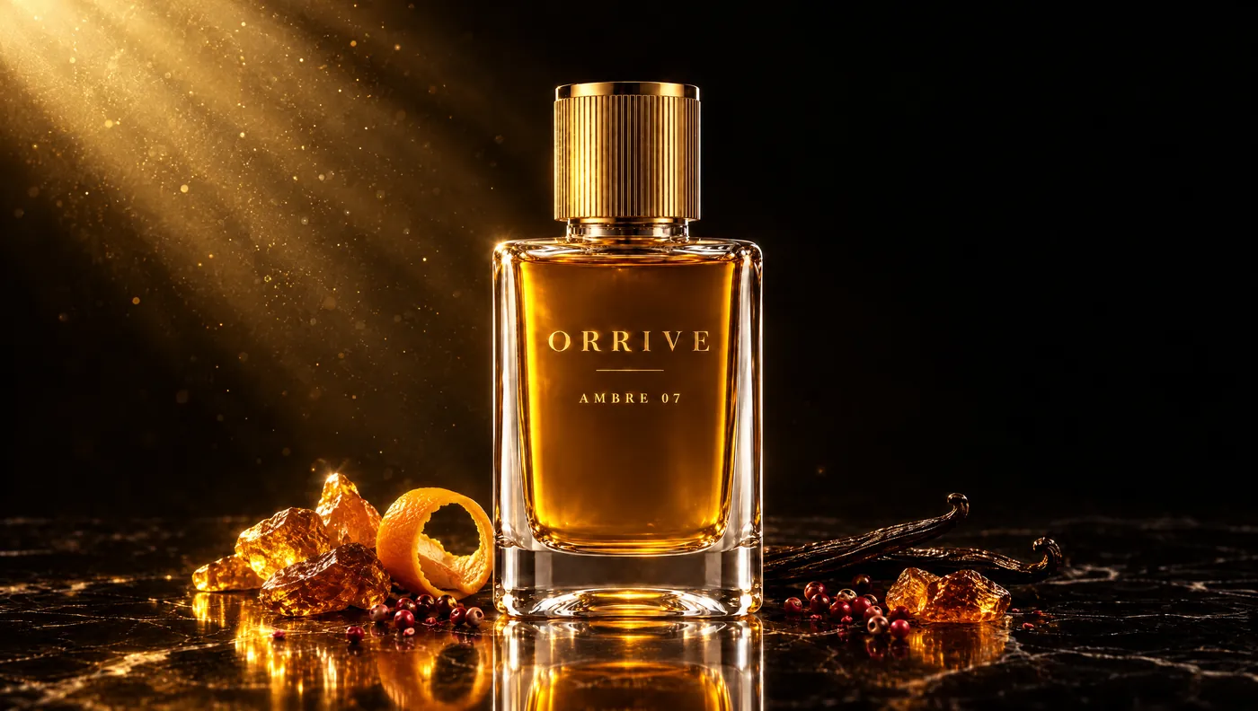 A perfume bottle glowing gold among amber resin, orange peel and vanilla.
