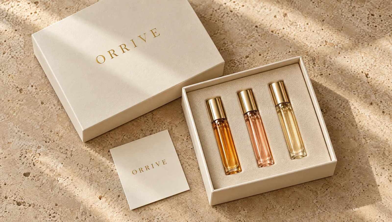 The Orrive discovery set: an ivory box with three 2 ml vials.