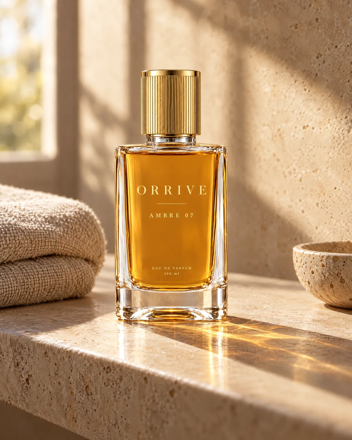 The Orrive bottle on a travertine shelf beside a linen towel, in morning sun.