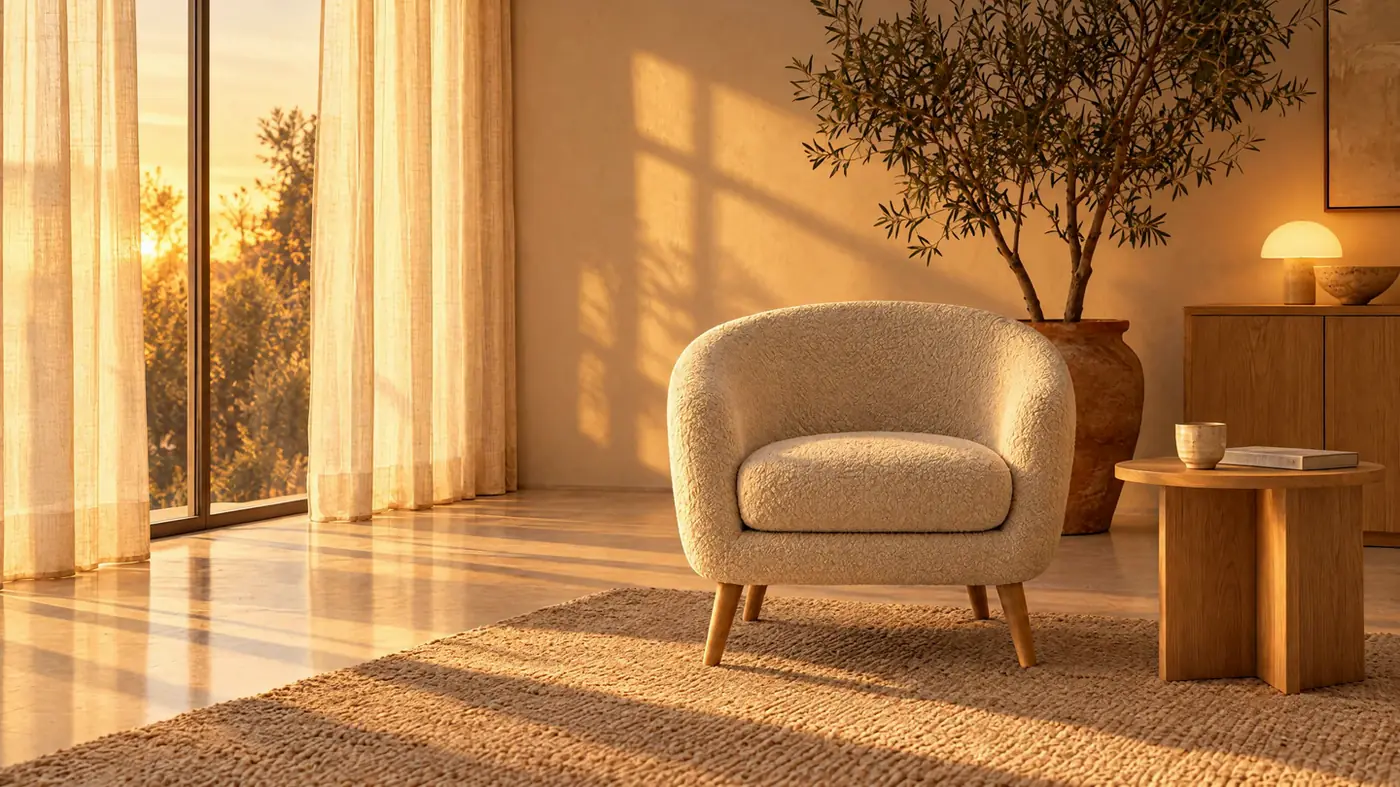 The Mae lounge chair in cream bouclé in a living room at golden hour.