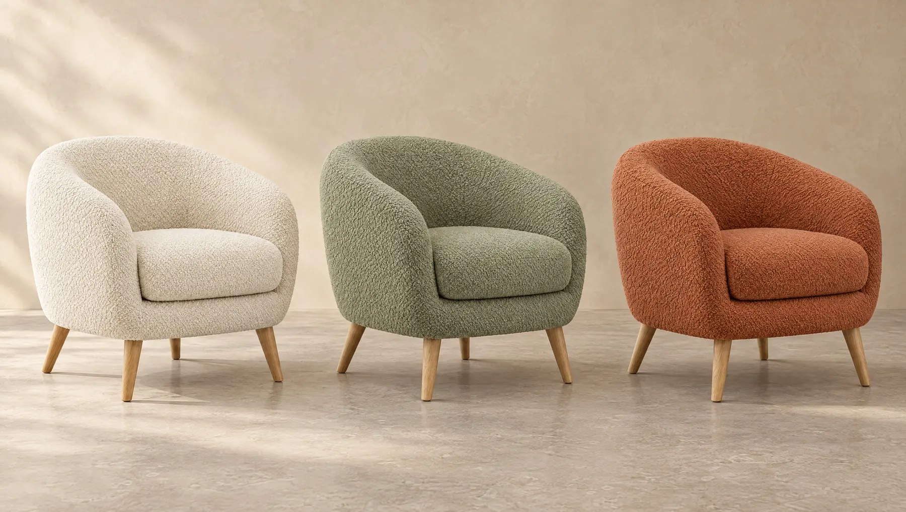 Three Mae chairs side by side in ivory, sage and clay bouclé.