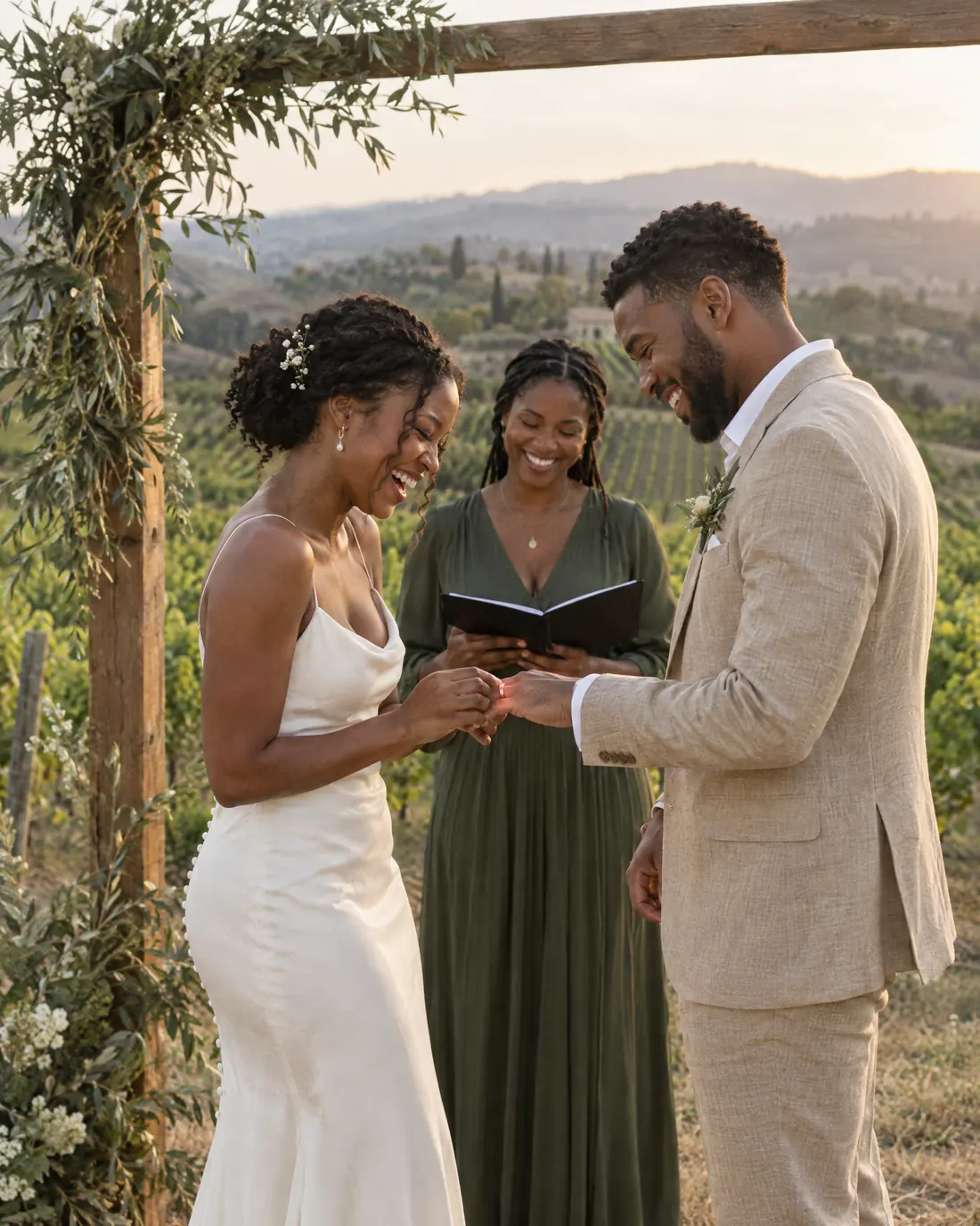 A couple laughing as they exchange rings under a wooden arch with olive branches, vineyard hills behind them.