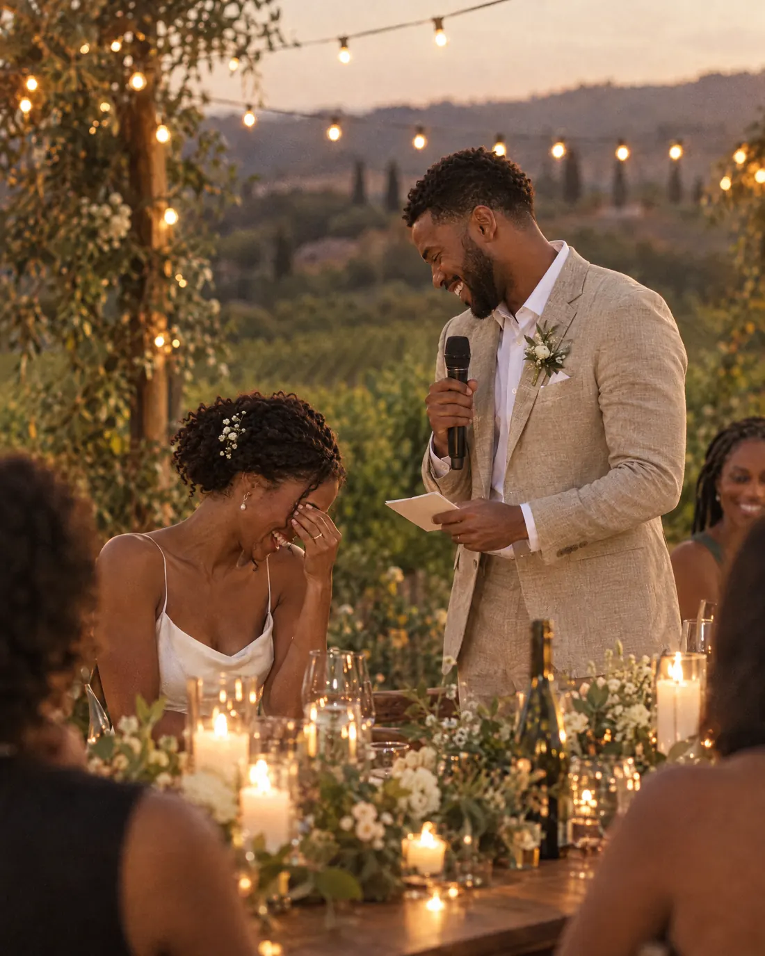The groom gives a toast at a candlelit table between the vines while the bride laughs and covers her face.