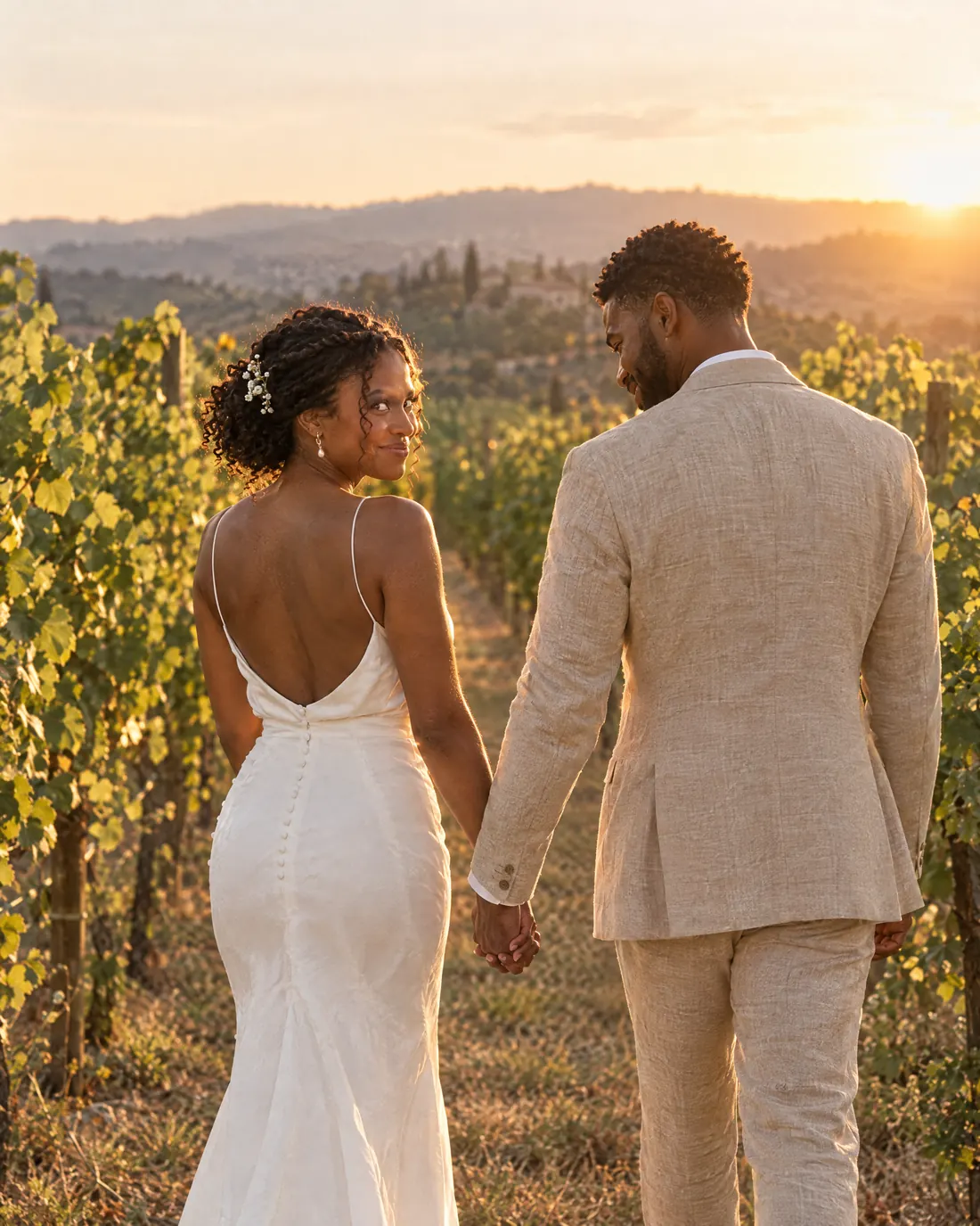 The couple walking hand in hand down a row of vines at sunset, the bride looking back.