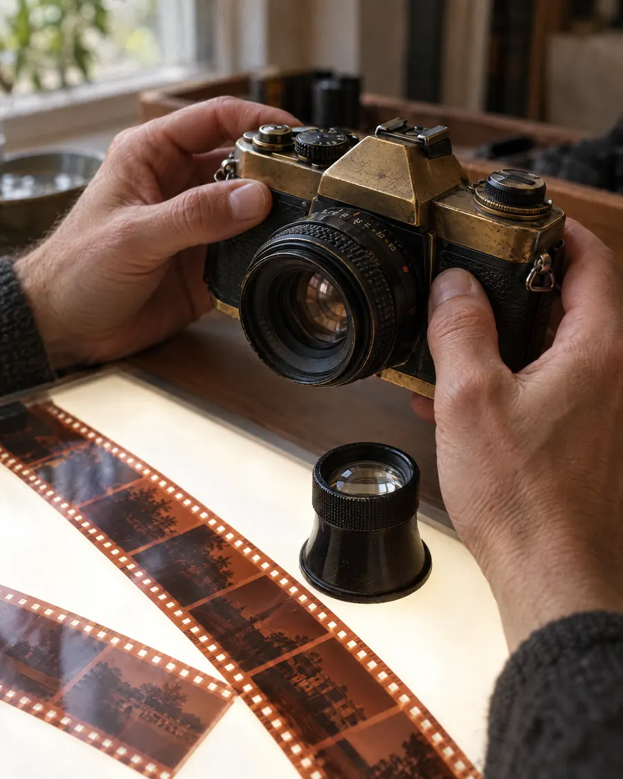 A photographer's hands holding a film camera above a light table with strips of negatives.