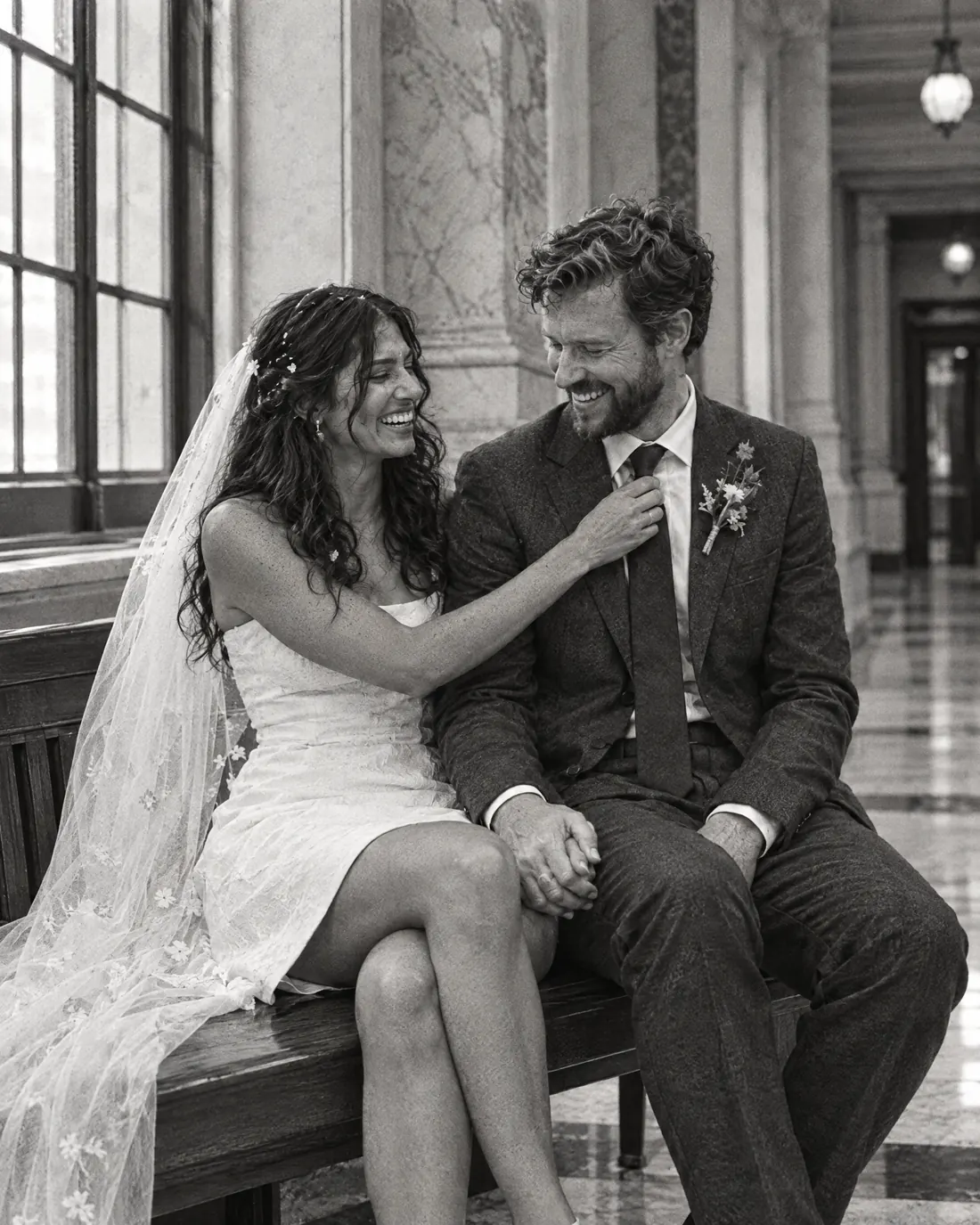 Black and white: the bride straightens the groom's tie on a wooden bench in a marble hallway, both laughing.
