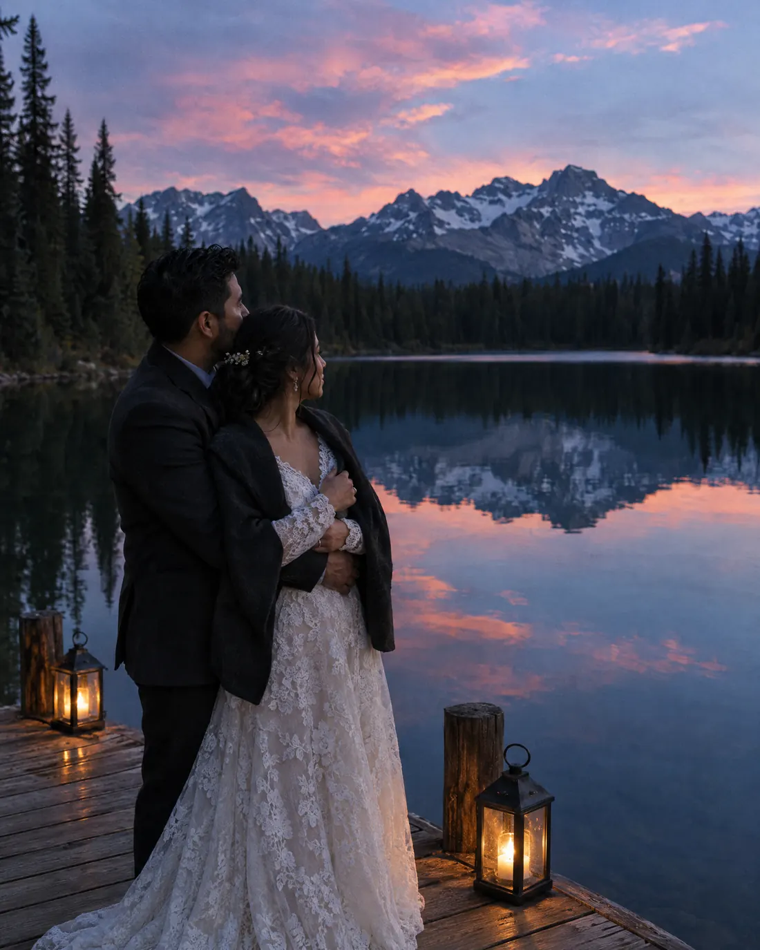 The couple stand on a wooden dock with lanterns, looking at a mountain lake reflecting a pink sky.