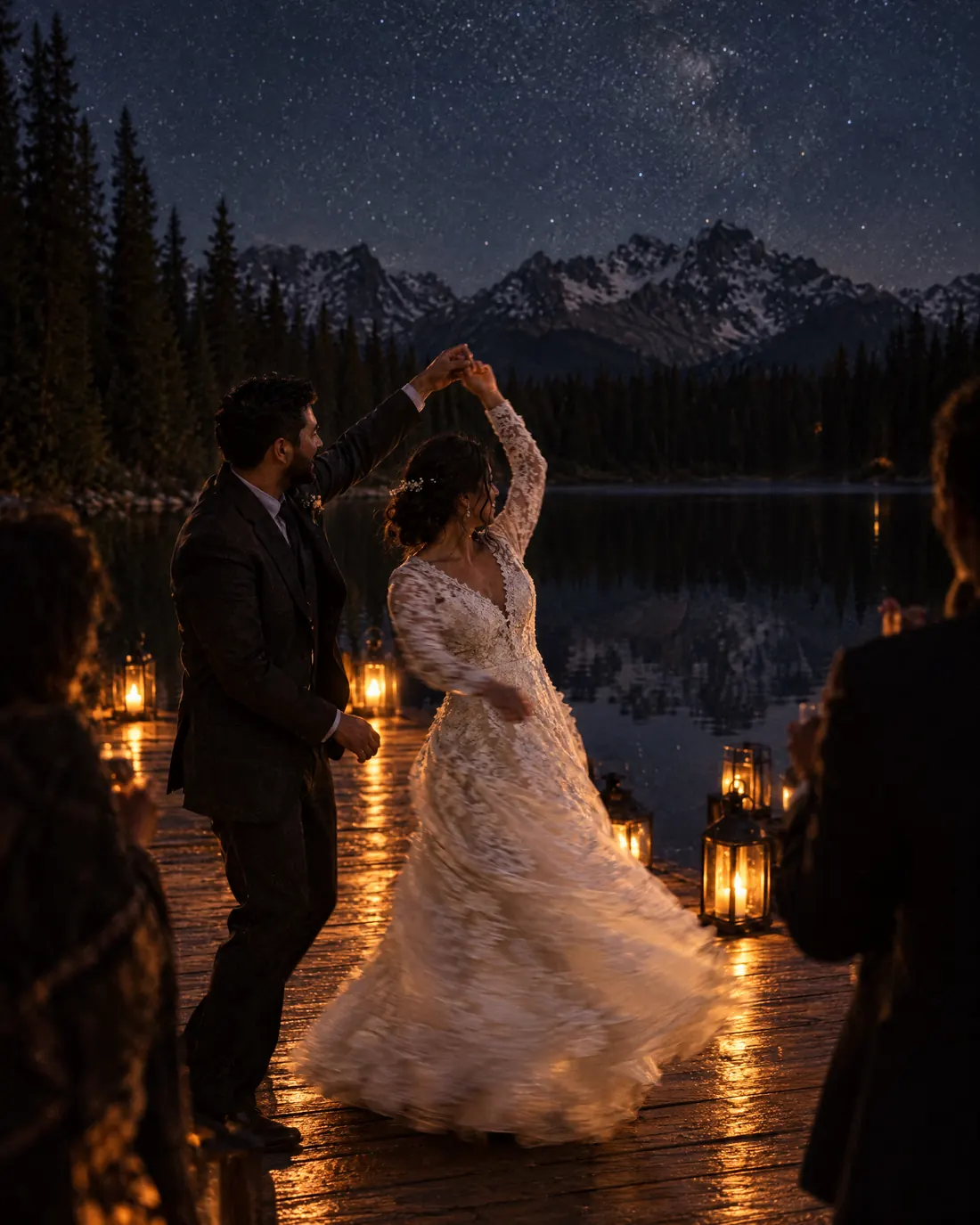 Their first dance on the dock at night under lanterns and stars, her dress swirling.