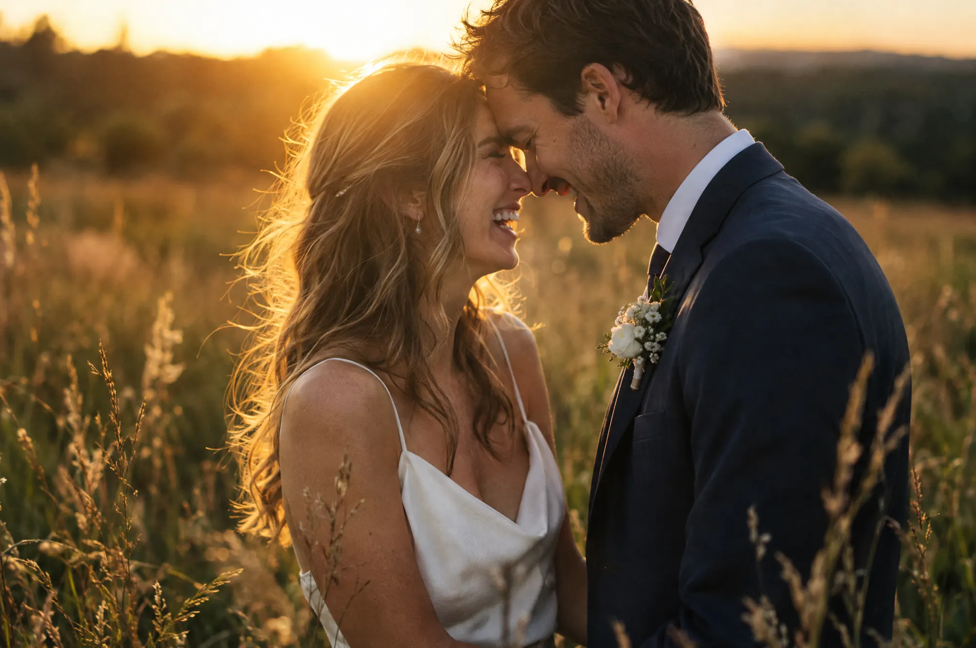 A bride and groom laughing with their foreheads together in a golden meadow at sunset.