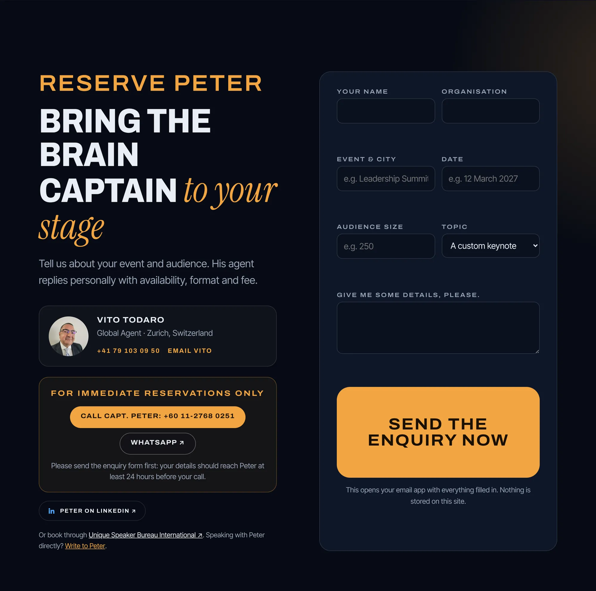 After: a booking section with an enquiry form, his agent, a direct line and WhatsApp