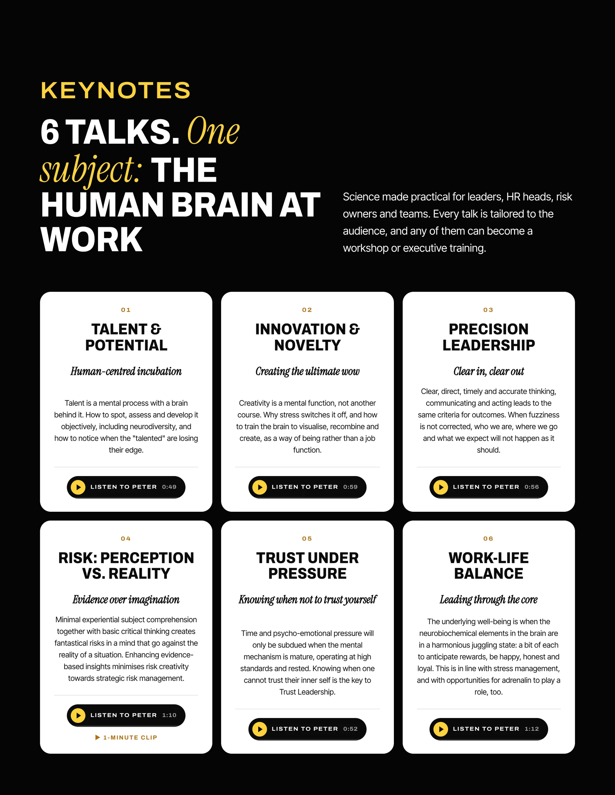 After: six keynote cards, each with a short description and a Listen to Peter button